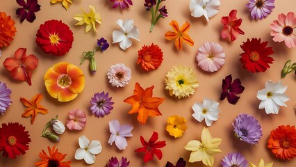Fototapeta premium Different beautiful flowers scattered on beige background
