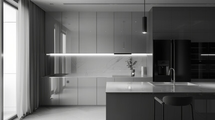"A monochromatic modern kitchen with glossy cabinets, a statement backsplash, and minimalist decor."