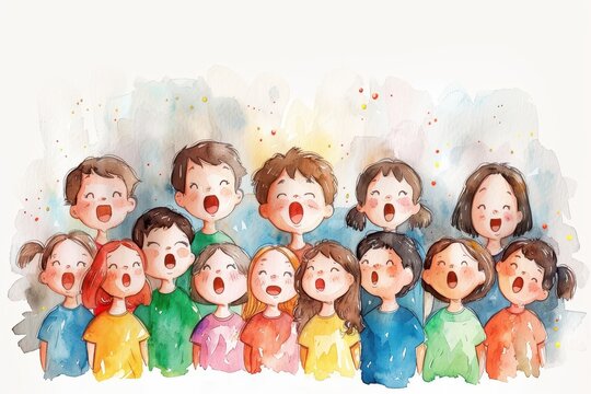 Watercolor illustration of children singing in a colorful choir. Joyful kids in vibrant outfits expressing harmony and unity in music.