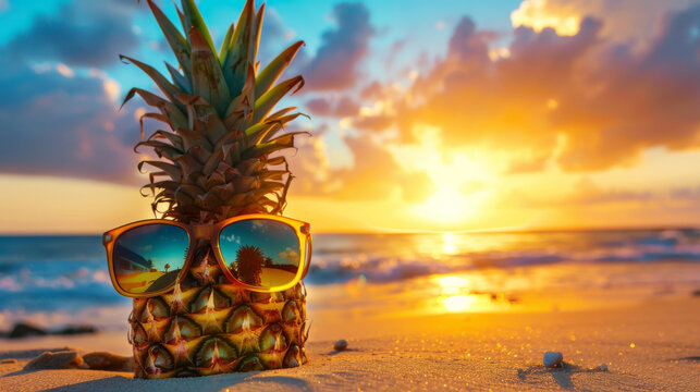 Summer holidays background with copy space with a pineapple on a beautiful beach