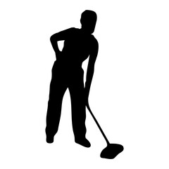 silhouette of a person sweeping or mopping