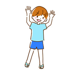 Clip art of a boy in summer clothes who is happy to raise his hand.