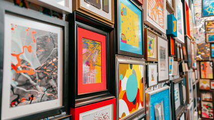 A gallery wall adorned with eclectic frames showcasing abstract artwork.
