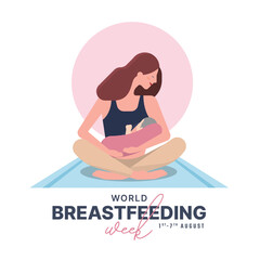 World Breastfeeding Week (WBW) banner - Mom siting and breastfeeding baby on mat and pink circle backdrop vector design