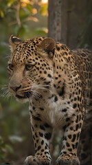 a leopard walking on a rock in the woods
