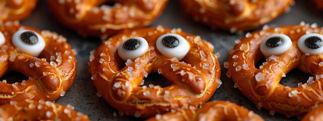 Salted pretzels cookies with eyes on blurred background for Halloween on blurred background. fun party food idea. sweet snacks. banner