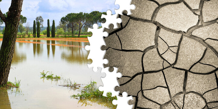 Fields submerged after heavy rainfall and parched land split by the sun's heat - Desertification concept