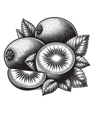 kiwi fruit black and white engraving clip art preview