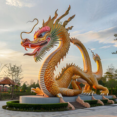 Fototapeta premium Vibrant golden dragon statue basks in the warm glow of the setting sun, standing majestically in an outdoor park