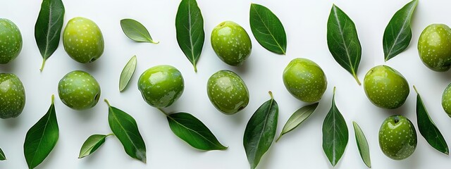  A white background hosts a collection of green olives, each adorned with leaves The ensemble is speckled with a solitary green spot atop the image