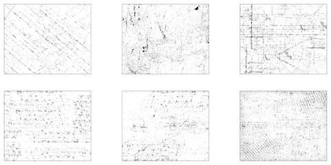 Grunge distress wall bundle image. Grunge texture monochrome set elements with spotted canvases with traces soot or scratches caused by wear and tear vector illustration