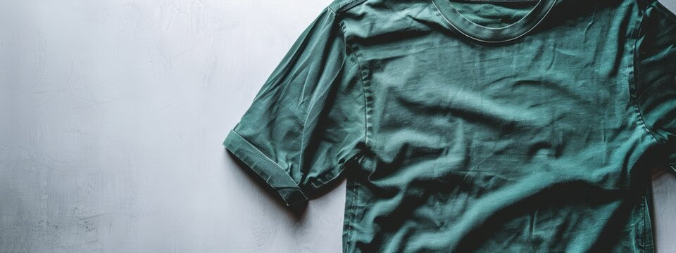  A green T-shirt lies on a white wall next to a pair of scissors