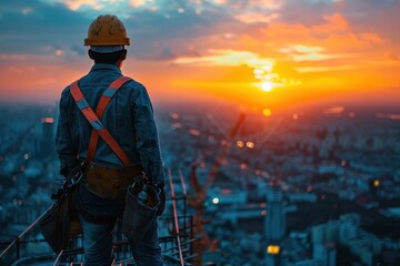 Silhouetted builders standing on scaffolding against the setting sun.