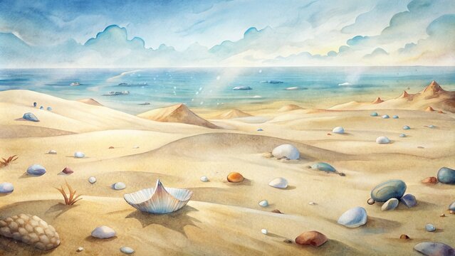 Serene summer beach scene featuring vast sand dunes, scattered shell fragments, and expansive negative space for creative captioning or imaging.