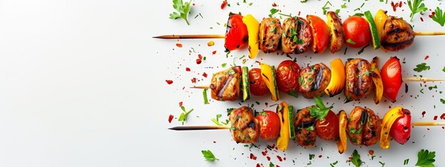  A white table is topped with kebabs, each skewer holding alternating slices of meat and vegetables