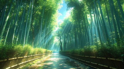 Obraz premium Peaceful scene of a sunlit Japanese bamboo forest