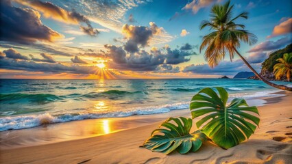 Obraz premium Serenity exudes from a deserted sandy beach with calm turquoise sea, striking Monstera leaves, and a vibrant sun setting on the horizon.