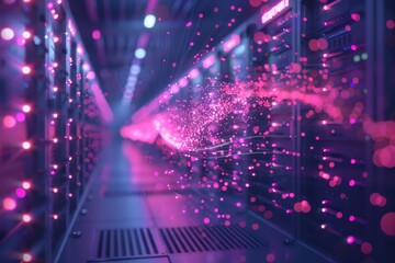 A computer server room with pink lights and a purple background