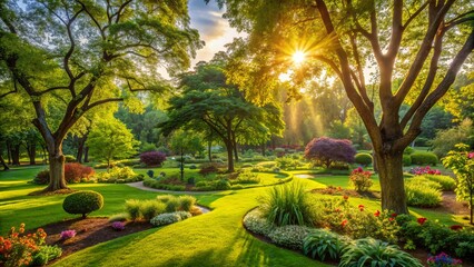 Softly focused serene park garden scene with lush green trees standing tall amidst vibrant natural flora and warm sunlight filtering through.