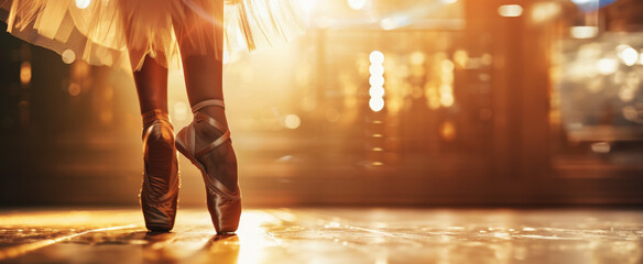 Close-up of ballerina feet in pointe shoes on stage, with warm golden light and blurred background. With copy space