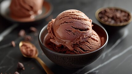 A scoop of rich chocolate ice cream melts enticingly in a ceramic bowl, evoking pure indulgence and sweetness.
