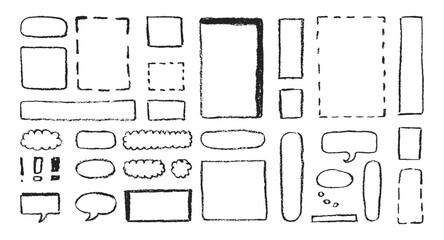 Set of freehand charcoal doodles, frames and borders, speech bubbles, graphic design decorations. Vector illustration.