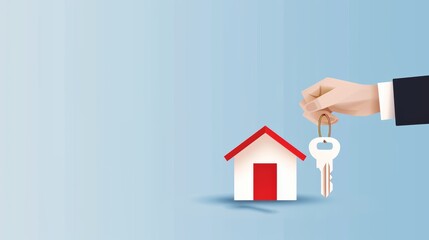 Mortgage loan, family with house model and keys, flat design illustration