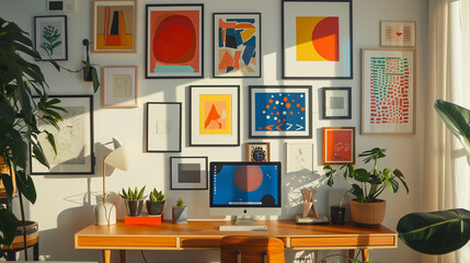 A gallery wall adorned with eclectic frames showcasing abstract artwork.