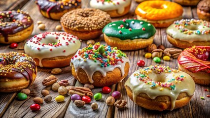 Colorful assorted freshly baked donuts with creamy glazes, sprinkles, and chopped nuts on a rustic wooden table.
