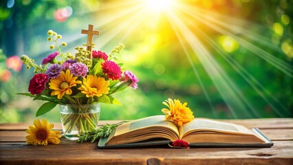 A serene composition featuring an open Bible, a golden cross, and a bouquet of flowers basking in warm sunlight on a lush green background.