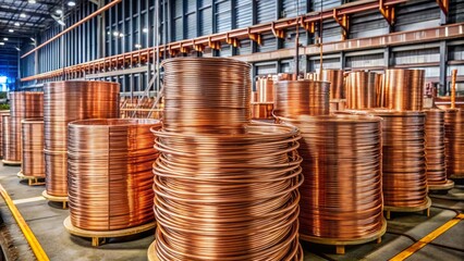 Large copper wire coils stacked at a wire manufacturing facility, showcasing efficient storage and production of bare copper materials.