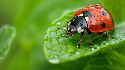 Fototapeta premium A ladybug crawling on the green leaf of an herb garden with morning dew highlighting its shell.