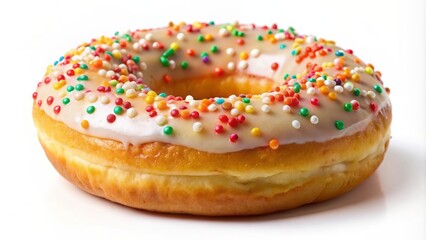Highly illuminated, appetizing, sprinkled, glazed, ring-shaped, sweet, indulgent, solitary donut object centered on pure white, transparent, isolated background.