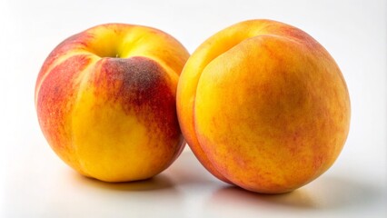 Two luscious, slightly fuzzy, yellow-orange peaches with attached stems stand out against a pristine white background, evoking warmth and summery sweetness.