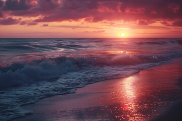 Naklejka premium Beautiful sunset on the beach with sea pebbles. Nature background
