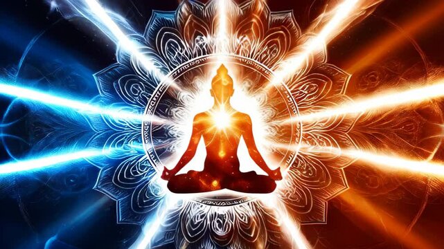 Abstract floral glowing energy aura with zen meditation human silhouette. Yoga meditation to increase chakra energy strength and body strength. Mindfulness practice