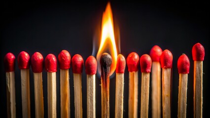 Close-up of a single burning matchstick, its red flame flickering against a black background
