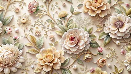 Elegant ornate floral pattern 3D wallpaper for luxurious classic home interior decoration featuring stylized blooming flowers on soft cream backdrop.