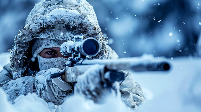 closeoup portrairt of an Army soldier camouflage sniper in snow winter season extreme weather