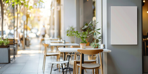 Fototapeta premium A restaurant with tables and chairs outside by AI generated image
