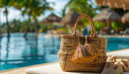 Wicker bag with beach accessories on sunbed near outdoor swimming pool, space for text. Luxury resort