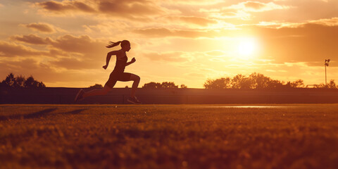 An cute female athlete sprinting on a track field during sunset emphasizing speed and determination.