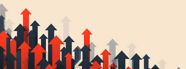  A white background hosts a collection of red and black arrows, each pointing in distinct directions The backdrop transitions into a light blue sky