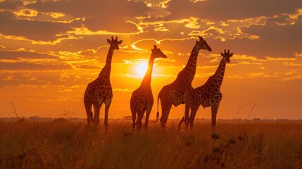 Four giraffes are silhouetted against a stunning sunset on an African savannah, highlighting the serene beauty of wildlife and nature.