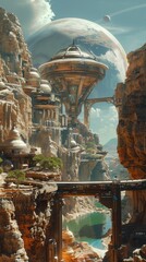 Futuristic cityscape with advanced architecture set in a rocky terrain, featuring a monumental structure and a lush river below.