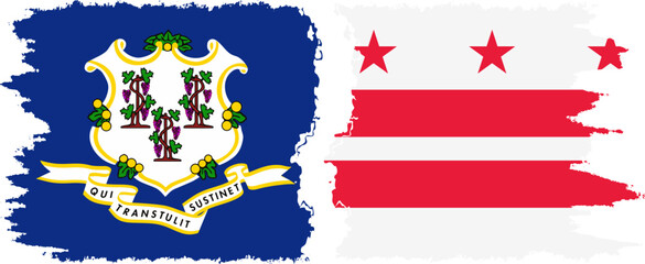 District of Columbia USA - Washington, DC and Connecticut state grunge brush flags connection vector