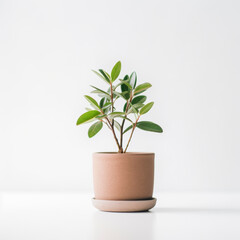 Obraz premium Small green plant growing in pot on white background with copy space