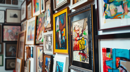 A gallery wall adorned with eclectic frames showcasing abstract artwork.