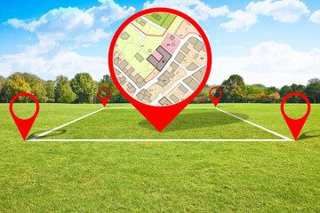 Land plot management - Building permit concept with imaginary General Urban, zoning regulations, destinations, land use, buildable areas and free building land plot on cadastral map - Icon concept