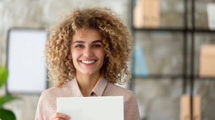 Happy employee holding paycheck, office celebration, payday joy, financial success, smiling face, workplace happiness